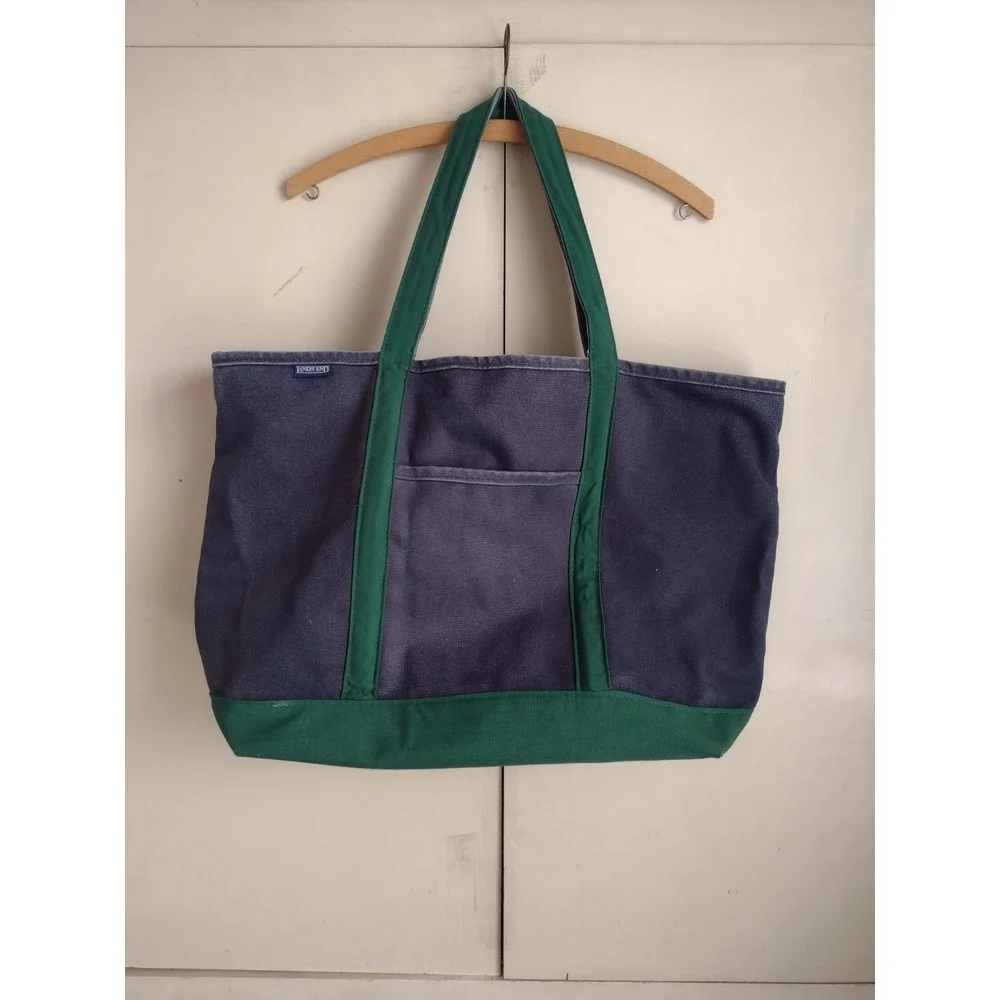 Vtg 90s Lands End Large Tote Green Navy Blue Canvas Boat Bag Made In USA Zipper